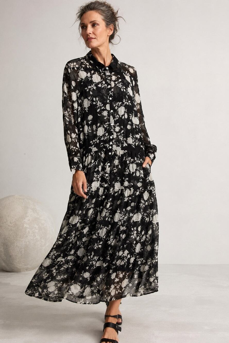 Alembika Floral Tiered Maxi Shirtdress Dress Sz 1 US 6-8 Black White Semi-Sheer